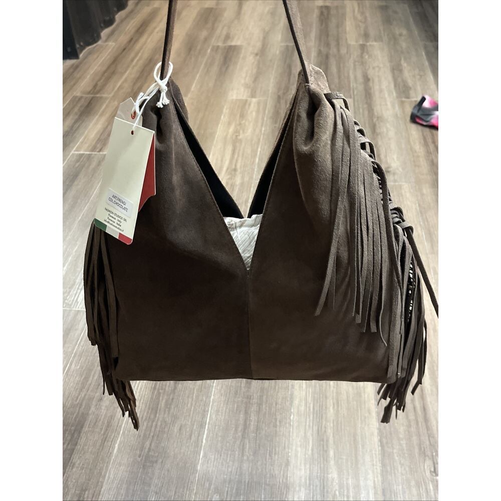 Divina Firenze Leather Fringe Hobo Bag Made in‎ Italy Chocolate Suede - Picture 4 of 11